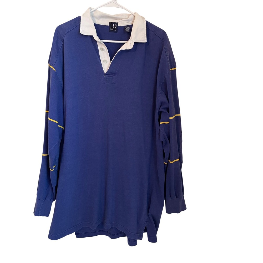 Vintage GAP 90s Y2K XL Blue‎ Yellow Rugby Shirt Long Sleeve Elbow Patches Preppy